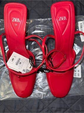 Zara Bright Red Square-Toe Strappy Heels